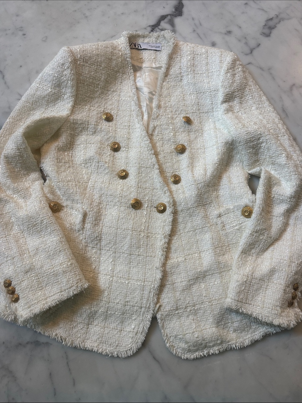 ZARA Cream Tweed Blazer with Gold Buttons